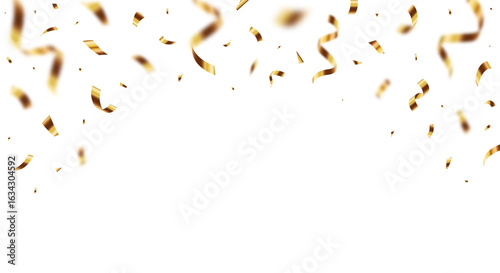 Golden confetti and ribbons falling on transparent background for festive celebration or party