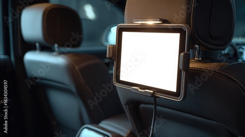 Tablet mounted on a car headrest with a blank white screen for entertainment