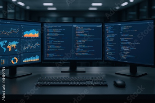 Wallpaper Mural Workspace with multiple monitors displaying data analytics and code for business intelligence and cybersecurity solutions Torontodigital.ca