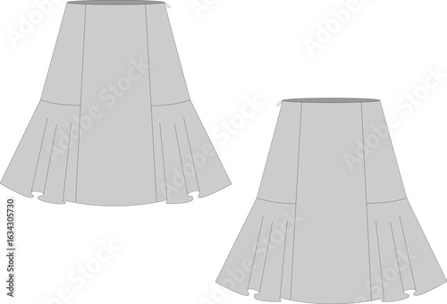 Technical illustration of midi length skirt with side zip fastening. Formal wear. Flat sketch, front and back views. Vector illustration, template. CAD layout.