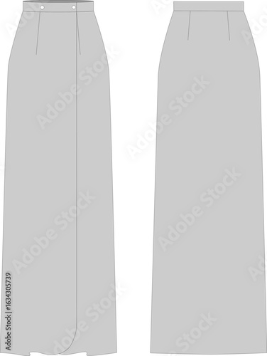 Technical illustration of maxi skirt with wrap and button fastening. Formal wear. Flat sketch, front and back views. Vector illustration, template. CAD layout.