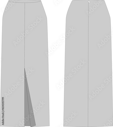 Technical illustration of maxi skirt with front slit at the bottom. Formal wear. Flat sketch, front and back views. Vector illustration, template. CAD layout.
