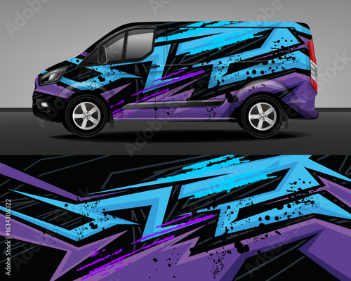 Racing van wrap design in racing style. Car design development for the company. Black background with blue and purple stripes for a vinyl car sticker.