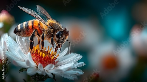 Bee on white flower with red and yellow center in blurred background.
