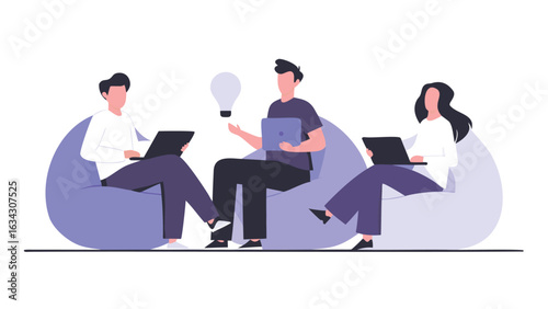 People collaborating with laptops on beanbag chairs with a lightbulb idea in a modern office space