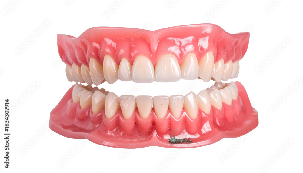 Obraz premium Full Dentures with teeth, gum and bone for preserves isolated on transparent png background, fake teeth in dentistry, medicine and prosthesis on the transparent background. PNG Format
