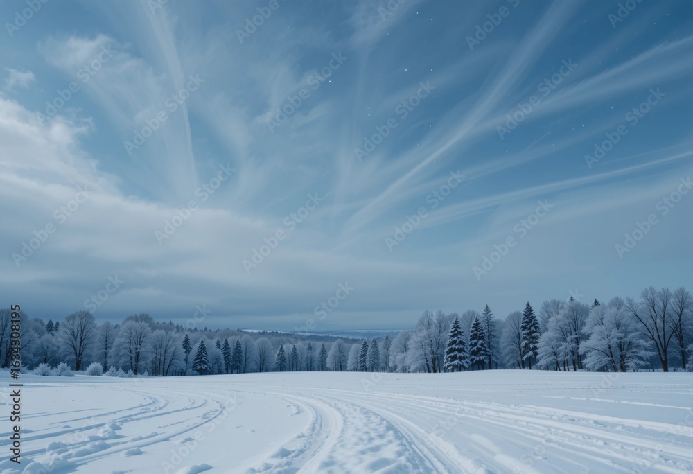 Fototapeta premium Winter forest landscape with snow covered trees and a cold snowy scene under a blue sky at sunset
