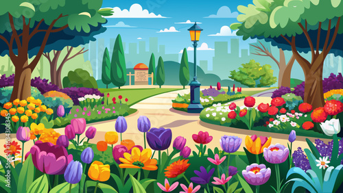 very Beautiful Arrangement of colorful spring flowers in the public park, springtime