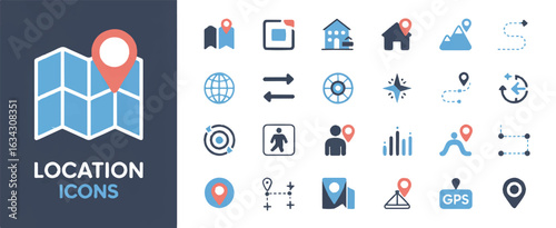 A collection of 20 location and navigation icons arranged in a grid format against a white background.