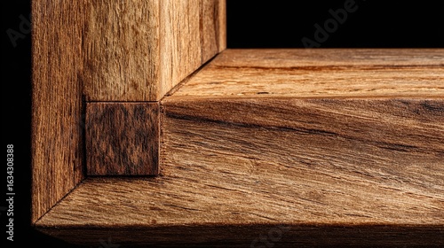 Close-up of a wooden frame corner, showcasing a mortise and tenon joint against a black backdrop
