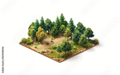 Isometric forest with path, flat design, white background, detailed, high resolution. Professional illustration offers rich depth.