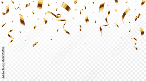 Festive golden confetti and ribbons falling down on transparent background celebration elements.