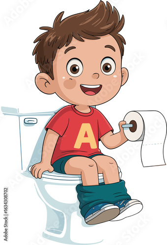 Cartoon boy sitting on toilet holding toilet paper, potty training child illustration, bathroom activity, hygiene learning, toddler routine.