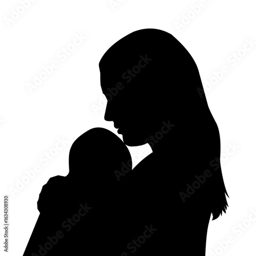 Silhouette of a mother gently holding and kissing her baby, expressing love and maternal affection. Isolated on white background for concept design