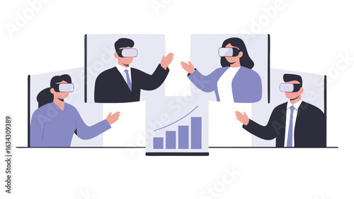 People in virtual reality meeting with a graph showing growth and business collaboration online with vr headsets