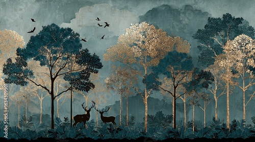 Luxurious Dark Green and Gold Interior Mural Wallpaper Design