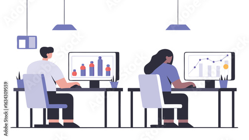 Two people working at desks with computers displaying charts and graphs in a bright office space