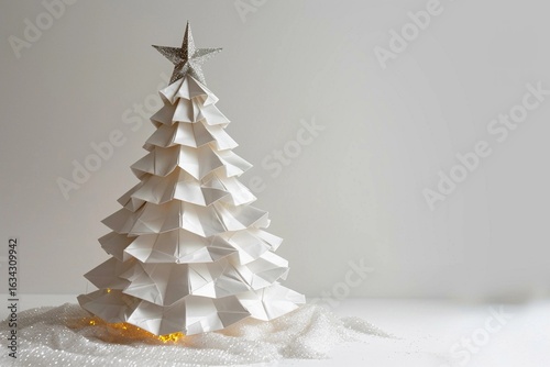 Creative arrangement of a white origami Christmas tree with a silver star on top, lit from underneath, displaying festive charm in a simple setting