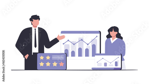 Illustration of a business meeting with charts and graphs and ratings displayed on screens and people
