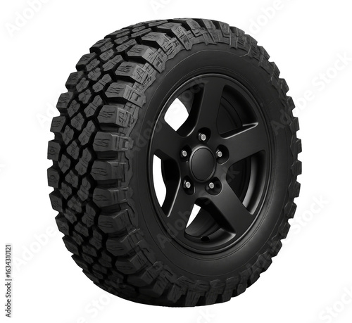 All-terrain off-road tire with wheel. Heavy duty black truck tire. Rugged vehicle wheel and tread. Isolated car tyre and rim. Automotive industry spare parts.