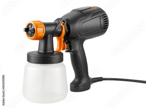 Electric paint spray gun. Professional handheld sprayer tool. Airless painting equipment. Portable paint sprayer device. Home renovation and DIY tool.