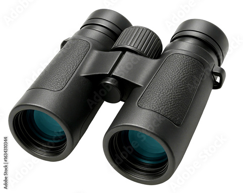 Black binoculars with turquoise lenses. Outdoor adventure optical tool. Hunting bird watching equipment. Professional travel and exploration. Focus and zoom spyglass isolated.
