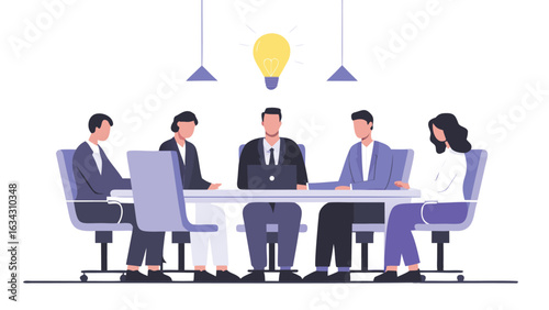 Illustration of business meeting with people sitting around table and light bulb above them