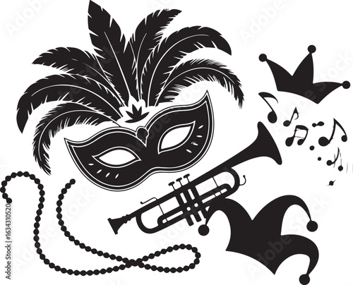 Mardi Gras celebration with mask, trumpet, and musical notes design