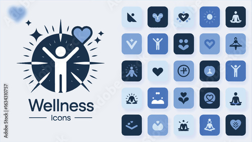 A collection of 25 minimalist wellness icons arranged in a grid format against a white background.