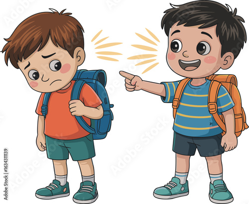 Cartoon bullying scene, sad boy being teased, school bullying, mean behavior, emotional child, classroom conflict, kid pointing and laughing.