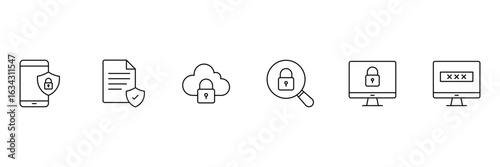Security icon set. Collection of security icons representing various aspects of online safety and data protection. Editable stroke. Vector illustration.