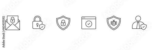Security icon set. Collection of security icons representing various aspects of online safety and data protection. Editable stroke. Vector illustration.