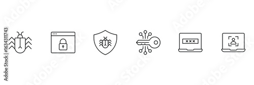Security icon set. Collection of security icons representing various aspects of online safety and data protection. Editable stroke. Vector illustration.