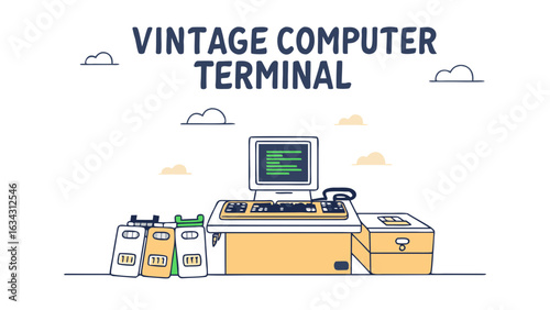 Illustration of a vintage computer terminal with a monitor, keyboard, and storage units.