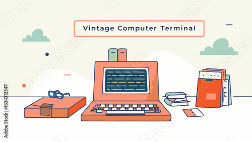 A colorful vintage computer terminal with books and stationery items arranged around it.