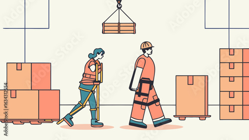 A woman using crutches walks alongside a man in a hard hat, both navigating a busy warehouse environment.
