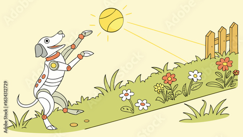 A playful robotic dog performing tricks while trying to catch a yellow ball in a colorful garden setting.