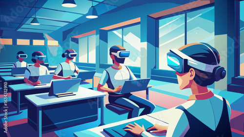 A diverse group of students wearing VR headsets in a modern classroom, immersed in virtual learning.