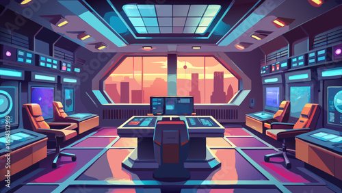 Futuristic control room with sleek technology and a stunning city view at sunset.