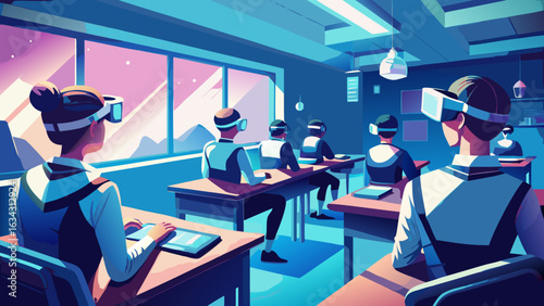 A diverse group of students engaged in a futuristic classroom using VR technology.