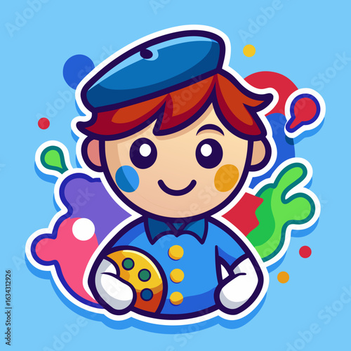 Cartoon Artist Illustration A Cheerful Young Painter with Palette and Colorful Paint Splatters cute