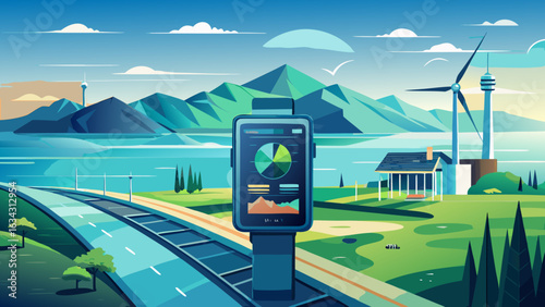 A vibrant landscape featuring a smartwatch displaying analytics against a backdrop of mountains, a wind turbine, and serene water.