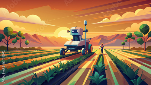 A futuristic farming robot tending to crops at sunset, highlighting innovation in agriculture.