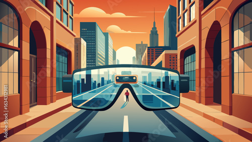 A futuristic cityscape viewed through oversized glasses, emphasizing a blend of urban life and technology.