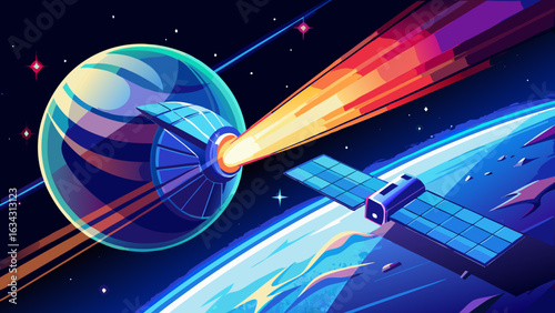 An illustrative depiction of a spacecraft launching energy towards a distant planet in a vibrant cosmic setting.