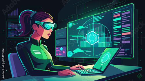 A female Asian scientist in futuristic attire interacts with holographic data displays in a high-tech lab.