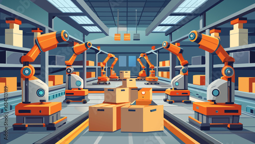 A vibrant and modern warehouse featuring robotic arms and automated systems working efficiently with boxes.