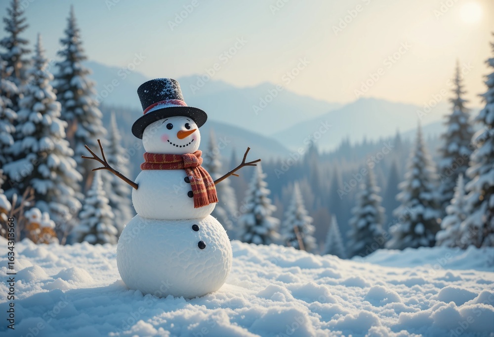 Obraz premium Snowman standing happily in snowy forest with hat scarf and holiday decorations