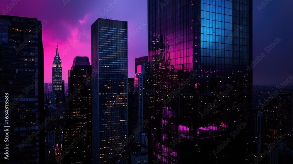 Fototapeta premium Night cityscape with vibrant neon reflections.