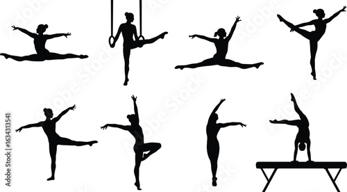 Cad drawing flat vector illustration, female gymnasts and dancers silhouette set, including balance beam, rings, jumps, stretches, artistic motion, black vector artwork